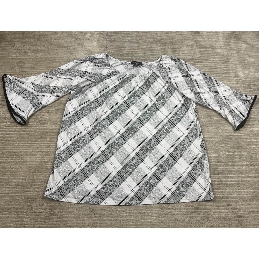Adele & May Top Blouse Womens 3X Black & White Plaid Flutter Bell Sleeve Stretch